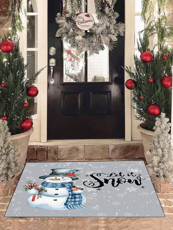 1 peça 'Boneco de neve com base cinza e cachecol azul segura flores de Natal' capacho, tapete interno, tapete de arremesso, capacho criativo, tapete temático de entrada, decoração para casa, tapete antiderrapante, acessórios para quarto, adereços para fotos, decoração externa, tapete de arremesso, tapete de área, presente