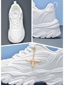 Zapatos deportivos de moda casual para mujer con colgante metálico con decoración de girasol, plataforma gruesa para uso al aire libre, tacón alto con amortiguación, zapatillas ligeras y transpirables de malla, puntera redonda con cordones, adecuados para uso diario, citas, trabajo, zapatos de plataforma blancos de - Blanco - Ver 3