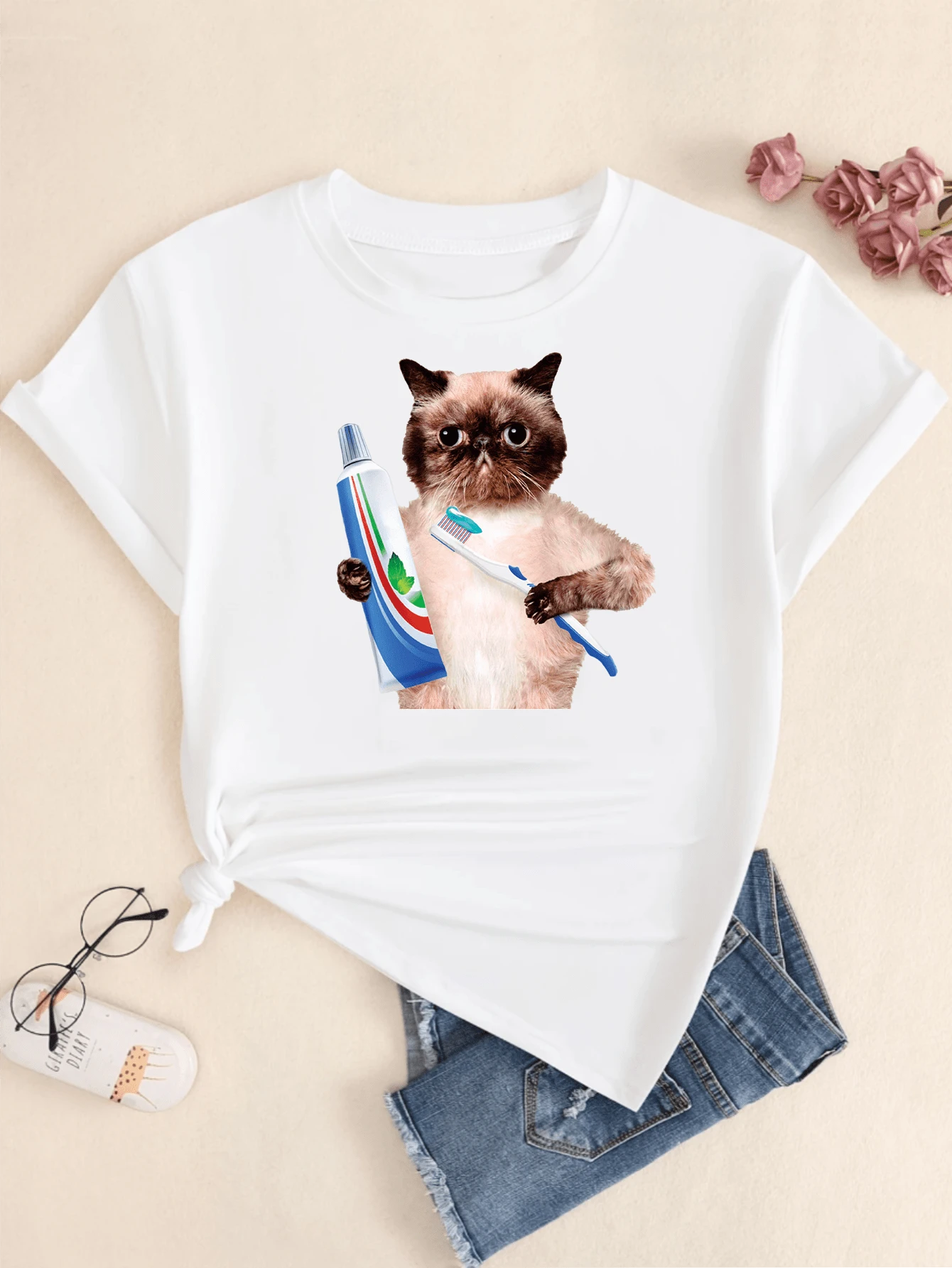 Kitten T-Shirt With Brush Women's Blouse Print Premium Comfort Streetwear Casual - 白色 - 查看 1