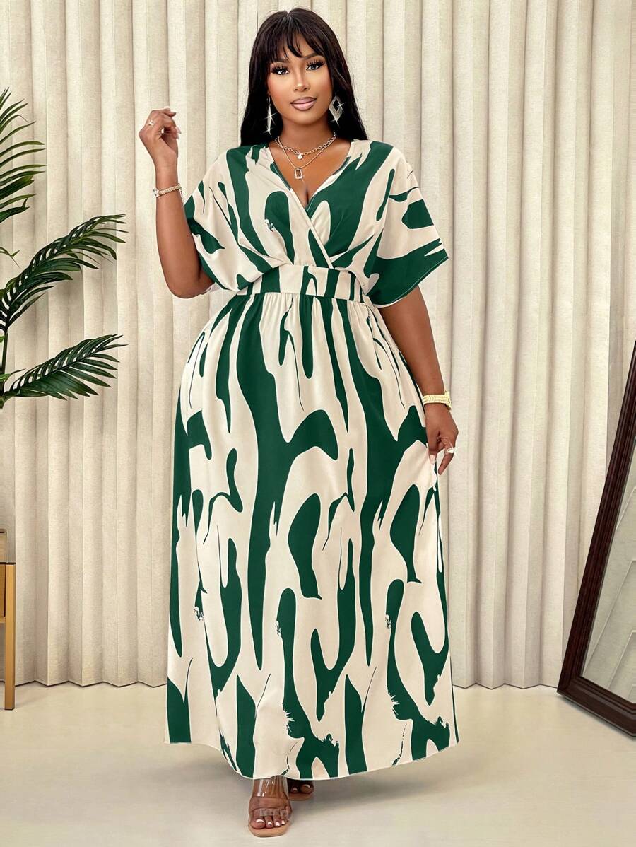 Vestido de manga corta con cuello en V, estampado total y envolvente cruzado en talla grande (Patrón floral aleatorio) para verano