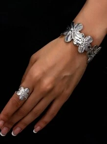 2 件套优雅花卉装饰珐琅厚戒指和袖口手镯套装，适合女士晚会、节日、礼物 - 白色/玫瑰红色/紫色 - 手鐲戒指套裝 - 查看 14