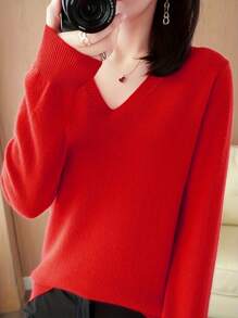 Women's Solid Color V-Neck Knitted Bottoming Shirt Autumn And Winter New Set Of Thin Sweater Thin Section Of The Fashion Inner Tie - 紅色 - 查看 5