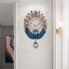 Large Peacock Wall Clock Watch Living Room Peacock Clock Decor Luxury Large Wall Clock Peacock Wall Watch Living Room Home Decor Retro European - Bue+Beige - 查看 1