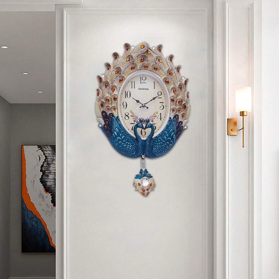 Large Peacock Wall Clock Watch Living Room Peacock Clock Decor Luxury Large Wall Clock Peacock Wall Watch Living Room Home Decor Retro European - Bue+Beige - 查看 1