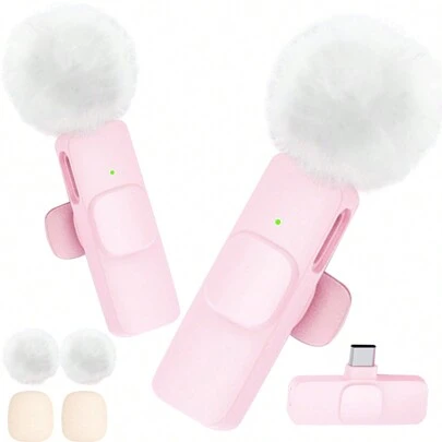 二合一无线领夹式麦克风系统，包含2个发射器和1个接收器，兼容智能手机摄像头，适用于播客、采访、直播，粉色