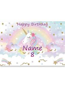 1pc Customized Rainbow Unicorn Happy Birthday Party Decoration Watercolor Floral Glitter Stars Photography Backdrop, Customizable Name And Age