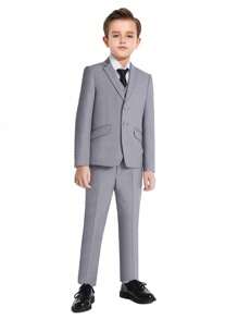 Tween Boy Suits 4-Pieces Suit Set Tuxedos Dresswear Ring Bearer Outfit Wedding Blazer Vest Pants Tie Formal Suits, Light Grey Size 4-16Y