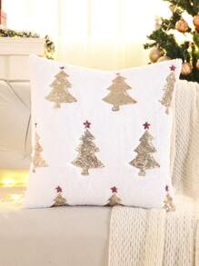 1pc Christmas Tree Star Pattern Decorative Plush Cushion Cover With Golden Sequins, Suitable For Autumn/Winter - Dark Green - View 14