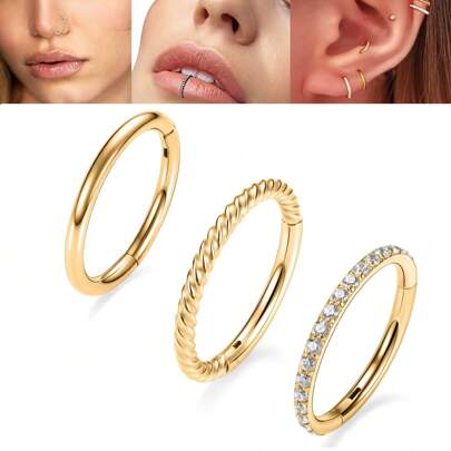 ADYJELY Set da 3 anelli per il naso a cerniera in acciaio inossidabile ipoallergenico con zirconi cubici, misura 16G, cerchietti per setto nasale, nostril e labbra, con placcatura in oro 18K, orecchini a cerchio per cartilagine, Rook, Tragus, Conch, Daith, Elix e lobo da 8mm e 10mm, anelli per ombelico e capezzoli, gioielleria per piercing corpo da donna
