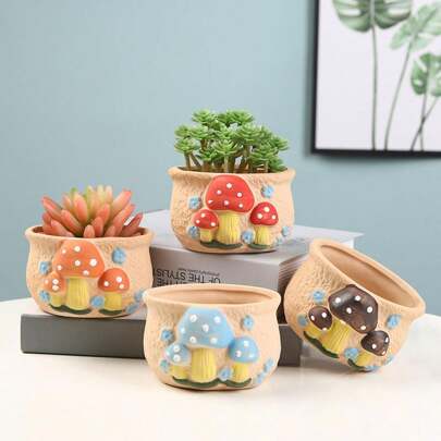 Handpainted Terracotta Flowerpot, Colorful Mushroom Design Cute Oval Succulent Planter, Perfect For Indoor Home Decor, Outdoor Garden Decoration, Gardening Essential In Summer