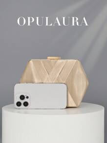 OpulAura 欧美时尚女士编织盒设计晚宴包，创意造型派对手拿包，奢华派对/婚礼/正式场合手提包带链条 - 金色 - 查看 4
