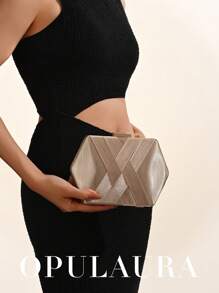 OpulAura 欧美时尚女士编织盒设计晚宴包，创意造型派对手拿包，奢华派对/婚礼/正式场合手提包带链条 - 金色 - 查看 8