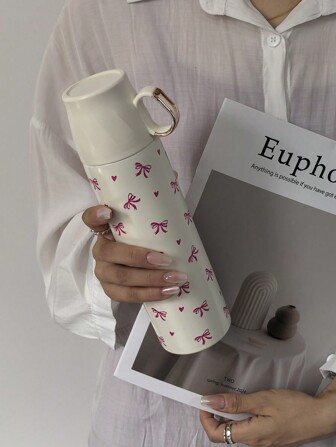 1 pieza Botella de agua al vacío de 500 ml/16.91 oz con diseño de lazo y corazón, taza de viaje de acero inoxidable de doble pared con tapa, adecuada para viajes, deportes al aire libre, gimnasio, automóvil y regalos