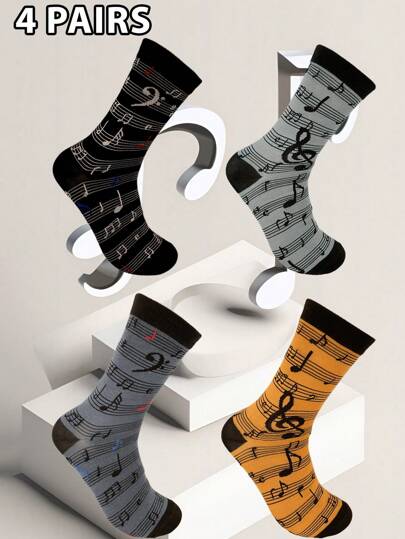 4 Pairs/Sets Of Men's Fashion Music Symbol Personality Interesting Pattern Sock Combination