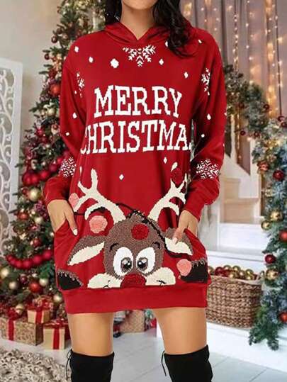 Women Christmas Cute Deer Pattern Hooded Long Sleeve Tunic Sweatshirt, Versatile Sweatshirt Dress, Autumn