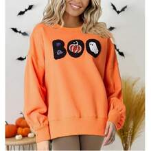 Women's Halloween Long Sleeve Sweatshirt Pumpkin/Letter Embroidered Drop Shoulder Round Neck Pullover - trái cam - Xem 2