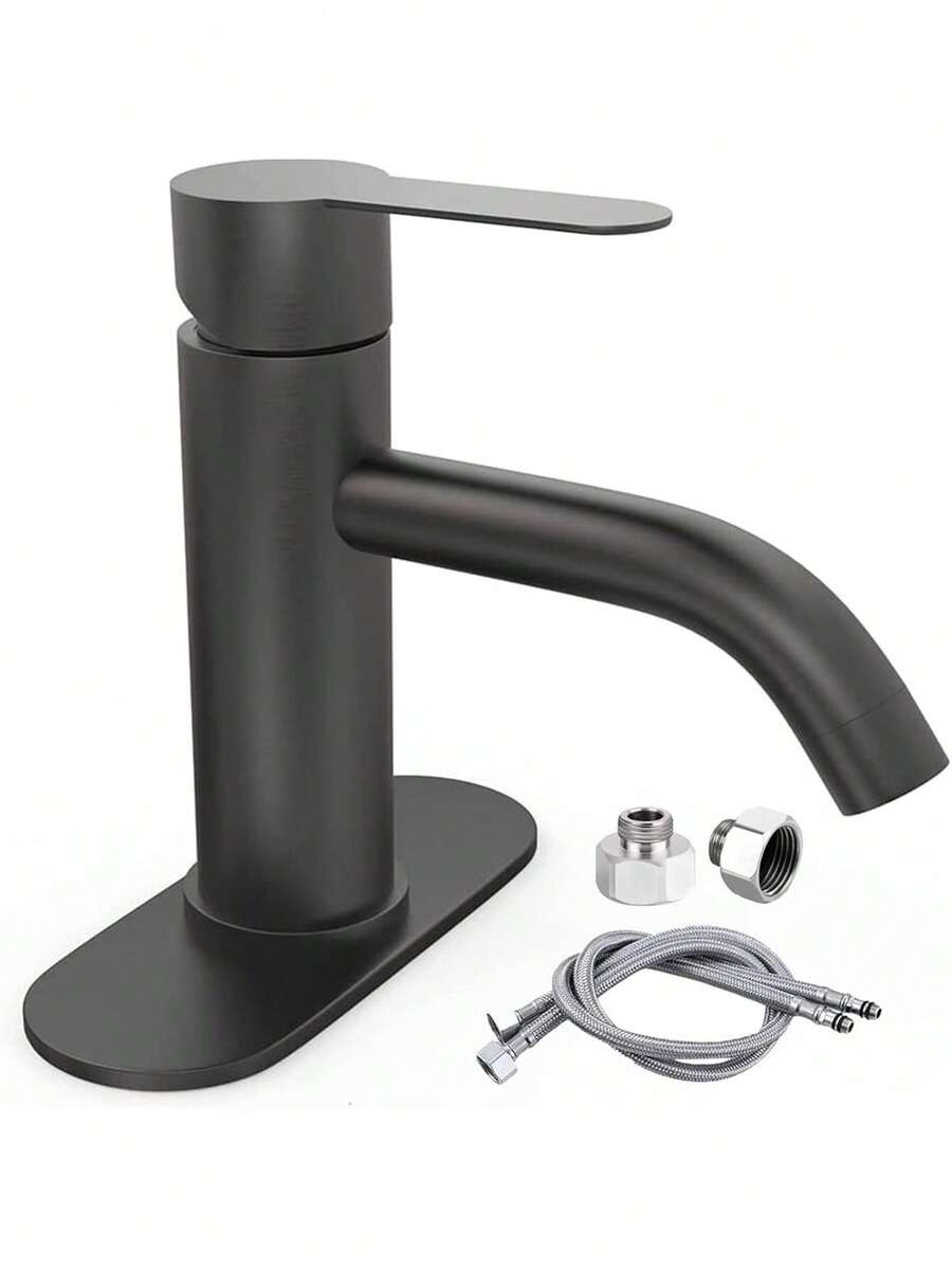CASALIVA Llaves para Lavabo Baño Acero Inoxidable, Moderno Llave para Baño Grifo para con cubierta, con 2 Mangueras - Negro - Ver 1
