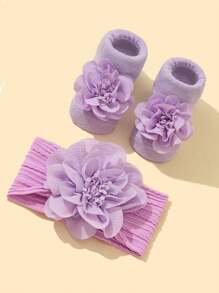 1 件尼龙柔软公主花卉头带 + 1 双婴儿防滑及膝袜爱心情人节 - 紫色 - 查看 2