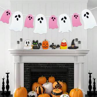 White Pink Ghost Garland Felt Ghost Banner For Haunted House Fireplace Indoor Outdoor Halloween Party Decorations Supplies,Christmas
