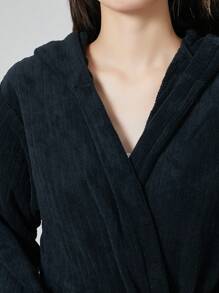 1pc Autumn/Winter Thermal Lined V-Neck Long Cardigan Robe, Coral Fleece Lined Long Sleeve With Pockets Casual Plush Robe, Women Sleepwear