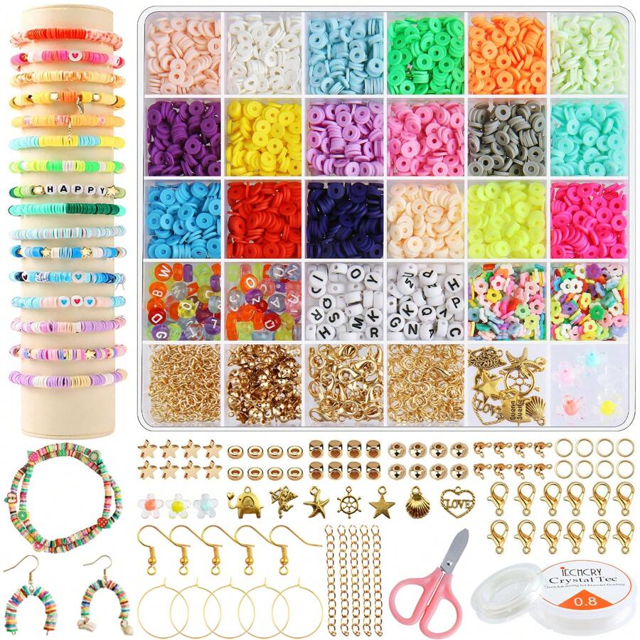 Kit de 4015 piezas para hacer pulseras con cuentas de arcilla, set de accesorios combinados para hacer collares, brazaletes y pendientes con cuentas planas de estilo preppy, un regalo de de cuentas de barro con estética bohemia