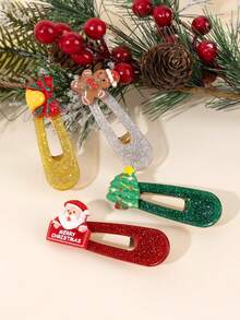 4 件装圣诞发夹女童闪亮亚克力按扣发夹精致时尚发夹幼儿女孩侧夹圣诞派对节日发夹儿童发饰 - 彩色 - 查看 3