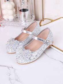 Shiny Sequin Bow Tie Party Wedding Dance Flat Shoes, Wedding Guest Ballet Flats Suitable For Toddler, Little Kid And Big Kid, High-End Fashion Shiny Sequin Party Wedding Dance Flat Shoes - Silver - View 6