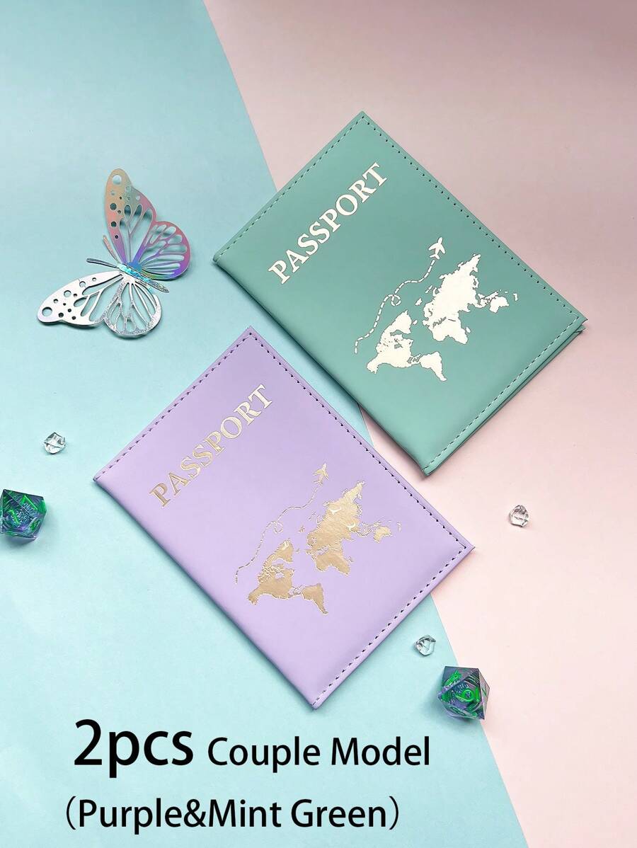 2 件纯色 PU 皮革护照保护套 女士 男士 情侣款 旅行护照机票夹 字母地图图案身份证护照夹包 便携防丢旅行必备品 健身 露营 度假必备品 度假配件 旅行配件 邮轮护照套 - 彩色 - 查看 1