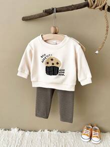 2 件套男婴/女婴 Harly Cake 字母刺绣运动衫和条纹松紧腰裤套装，秋冬