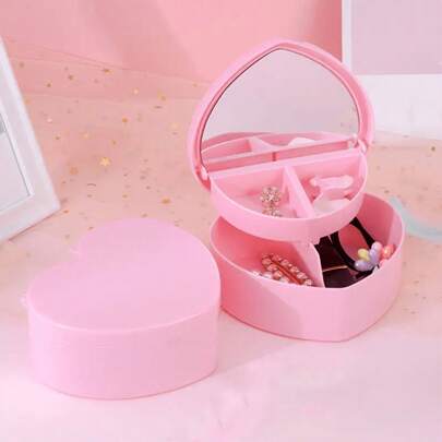1 pieza Caja de almacenamiento con doble capa con forma de corazón, Organizador de escritorio de joyería de doble capa, Caja de almacenamiento con forma de corazón, estrella y amor para boda, Caja de almacenamiento DIY de joyería de escritorio, Caja de joyería de doble capa rosa, Caja organizadora de pulseras elásticas y varios objetos de escritorio para niña, Caja de almacenamiento con forma de corazón para niña, Caja de almacenamiento de joyas de cuentas