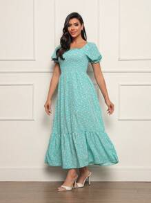 Long Dress With Puffed Sleeves Elastex Print - Baby Blue - View 1