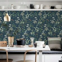 1 件 17.32 * 118.11 英寸/17.32 * 393.7 英寸自粘墙纸复古花卉植物叶自粘接触纸剥离粘贴防水可移除客厅厨房卧室宿舍墙纸，家具翻新墙纸，墙纸剥离粘贴大卷 - 藏蓝色 - 查看 5