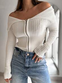 Y2K lässige Strickjacke mit Umlegekragen, Reißverschluss, geripptem Strick, Revers, Armausschnitt und langem Ärmel, Basis T-Shirt Pullover Top