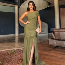 MERMAID DRESS WITH TULLE SLIT FOR WEDDING GUESTS AND OTHERS. - Màu xanh Ô liu - Xem 1