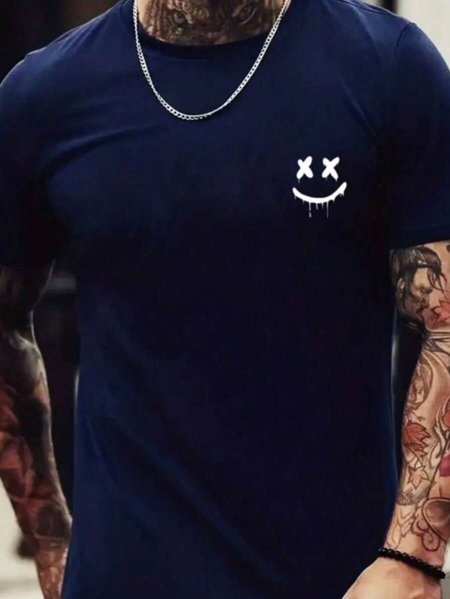 Men's T-Shirt Happy Face X Printed New Release 100% Cotton Premium Line - Màu xanh hải quân - Xem 1