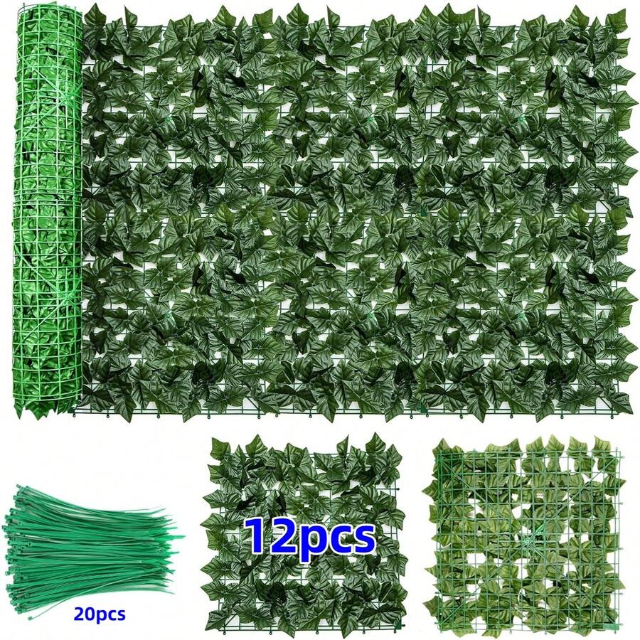 12pcs Artificial Ivy Privacy Fence Screen, 20X20 Inch UVResistant Fake
