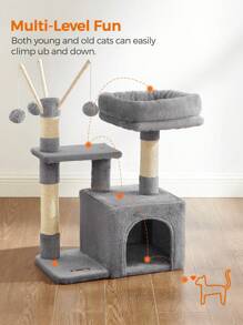 Feandrea Cat Tree, Small Cat Condo, 72 Cm, 3 Pompoms, Light Grey