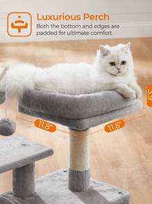 Feandrea Cat Tree, Small Cat Condo, 72 Cm, 3 Pompoms, Light Grey