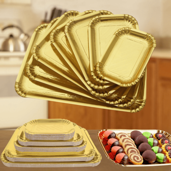 10pcs Gold Cake Tray Rectangle Cookie Tray, Heavy Duty Paper Cardboard For Platters, Grease-Proof Cake Base Boards, Serving Trays For Elegant Dessert Table Cupcake Display Cake Decorating, For Birthday Party Wedding Christmas Gift