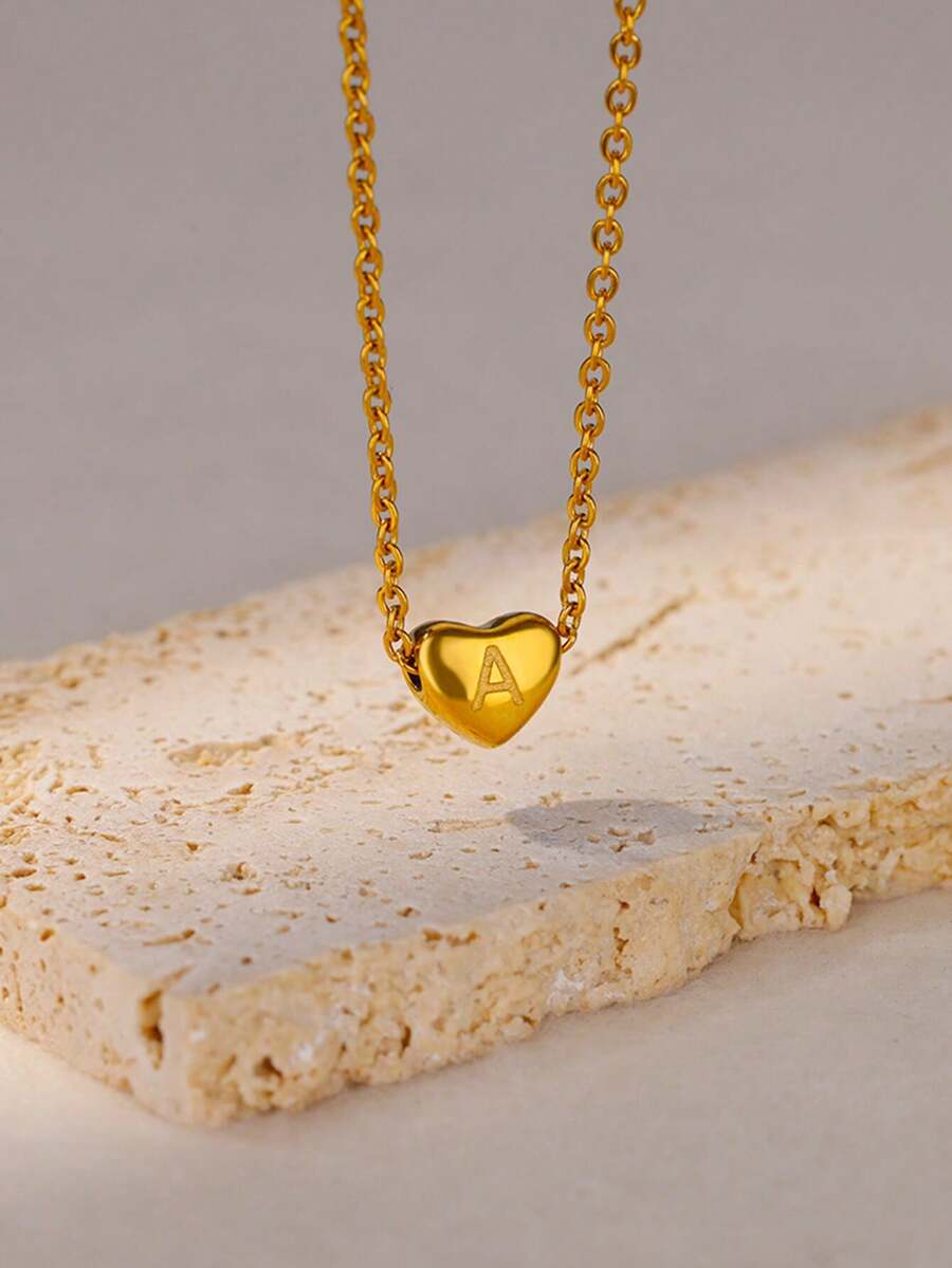 1 Dây chuyền mặt trái tim chữ cái đầu tinh tế dành cho nữ phong cách Gothic, mặt dây chuyền tên viết tắt cá nhân bằng thép không gỉ, dây chuyền trang sức cặp đôi, phụ kiện ngày lễ tình nhân, quà tặng Giáng sinh - Vàng - Xem 1