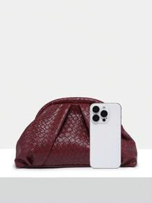 女士复古简约串珠亮片热带植物编织压花安哥拉红铆钉装饰大容量褶皱云夹手拿包，适合派对、郊游和日常穿着 - 酒紅色 - 查看 4