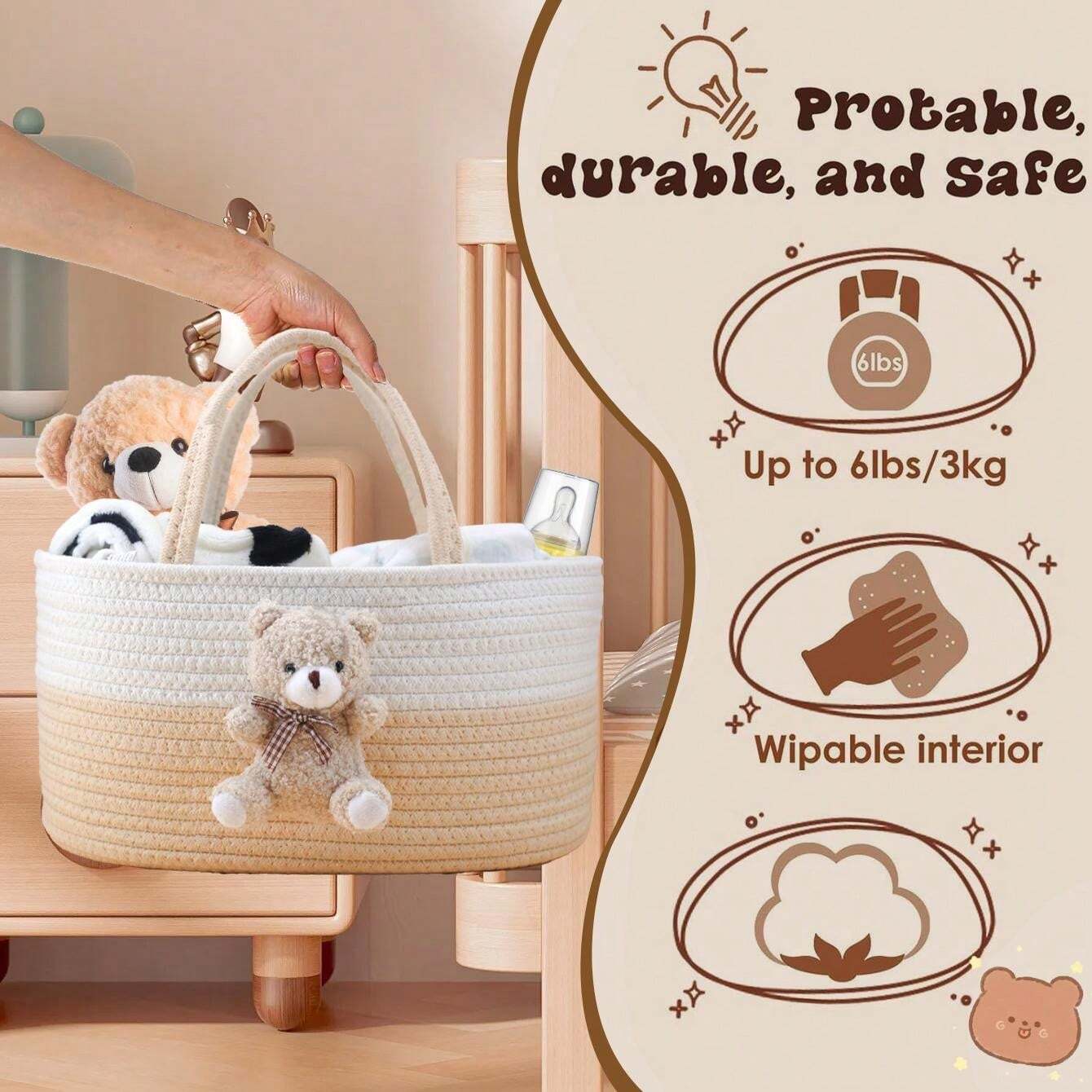 Bear Diaper Caddy Organizer Cart Storage For Nursery With Handle, Bear