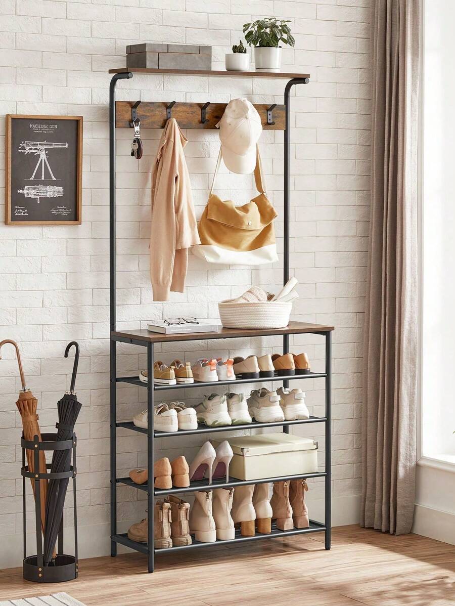 VASAGLE Clothes Rack, Hallway Tree With Shoe Storage, 5 Tier Shoe Rack, Different Height, 5 Double Hooks, Top Shelf, Dormitory In The Corridor Industrial Rustic Brown And Black - Chocolate Brown - View 1