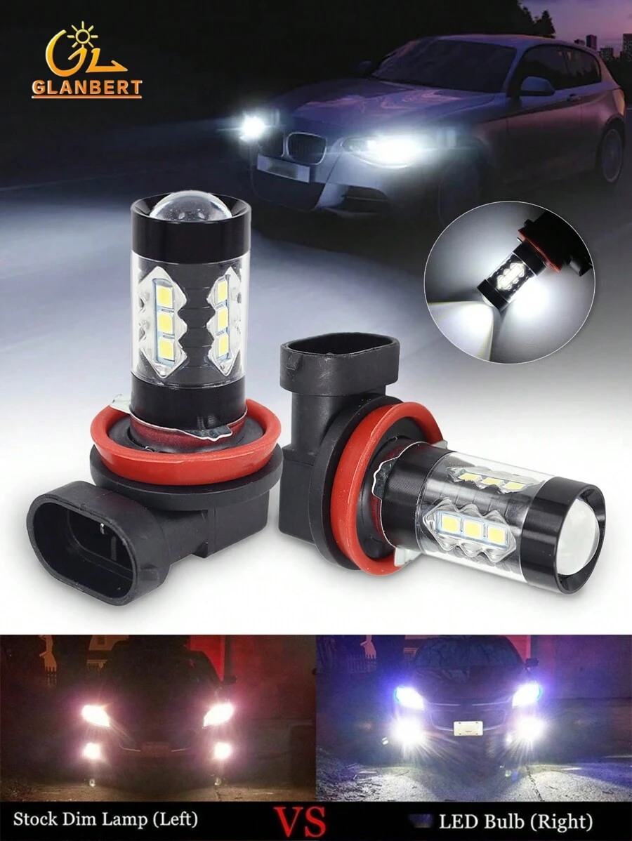 GLANBERT 2 件全新设计汽车 LED 雾灯 H4 H7 H1 灯 80W 6000K 白色汽车灯泡 H11 H3 9005 9006 汽车灯