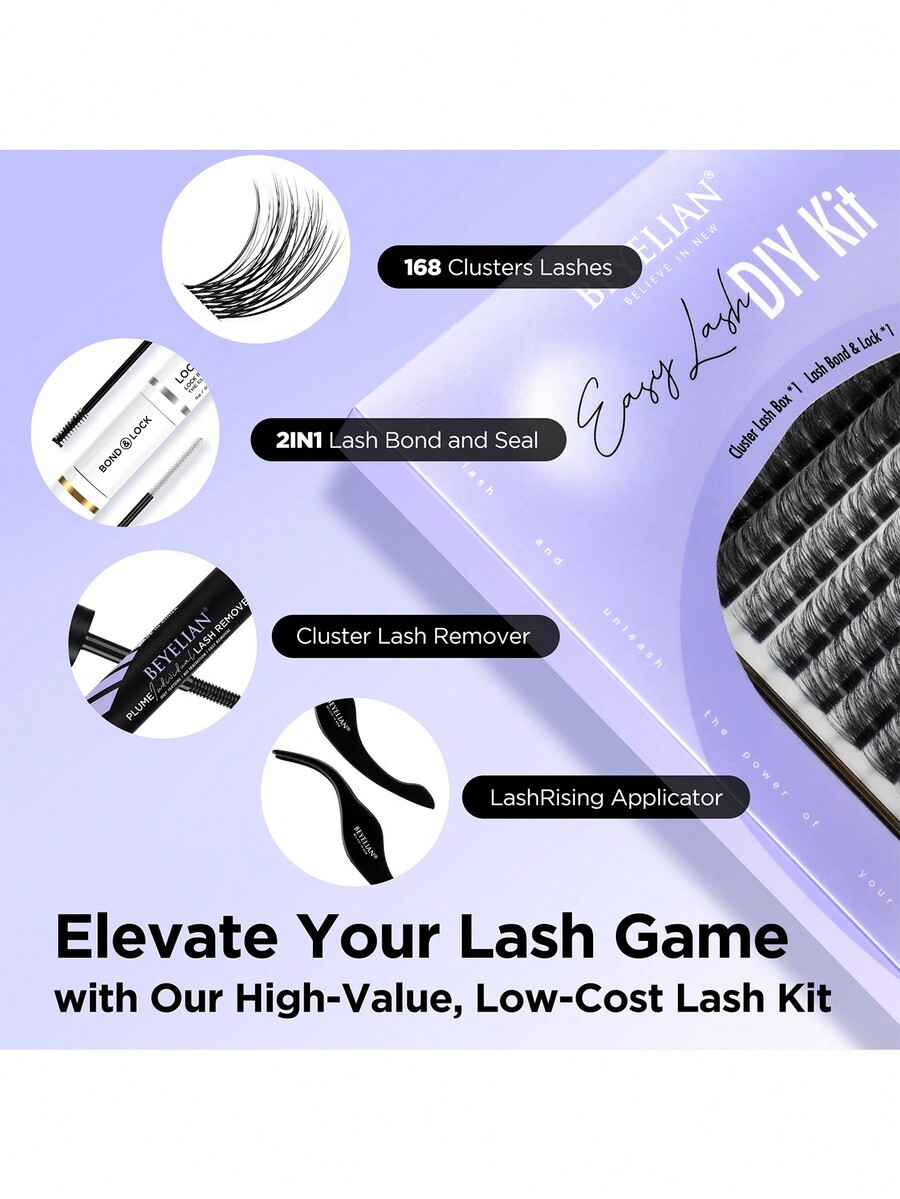 BEYELIAN DIY Lash Extension Kit With 168 Pcs D+ Cluster Lashes Kit Lash
