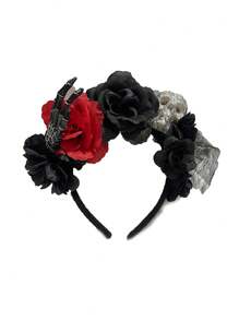 哥特式骷髅和玫瑰头带 - 万圣节亡灵节派对配饰，非常适合万圣节服装和角色扮演