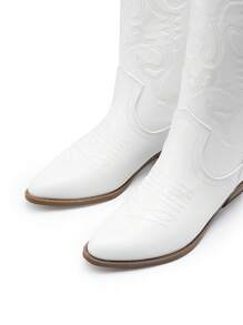 BURUDANI Women's Classic Western Cowboy Boots Slip-On Pointed Toe Embroidery Matching Dress Music Festival Party Farm Mid-Calf White Boots - 白色 - 查看 6