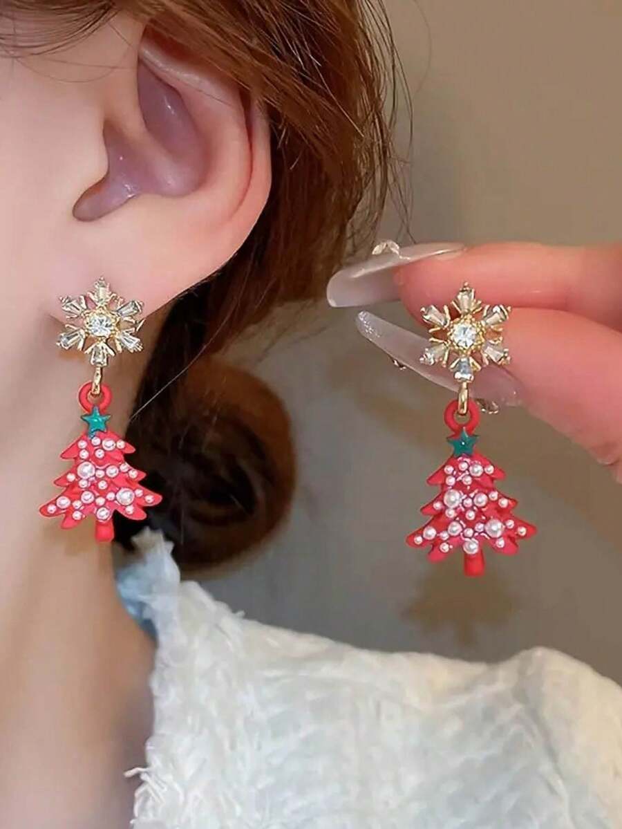 HOTNICE 1 cặp hoa tai hình cây thông Noel bông tuyết sang trọng - Món quà hoàn hảo cho bữa tiệc Giáng sinh dành cho cô ấy - bông tai - Xem 1