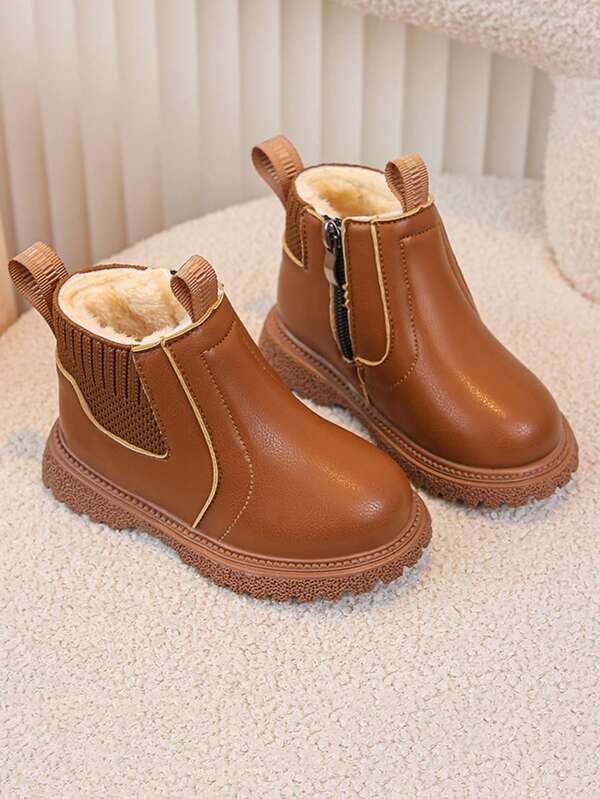 1 par de botas de bebê antiderrapantes, resistentes ao desgaste, com fundo macio e zíper lateral decotado, estilo inverno engrossado unissex