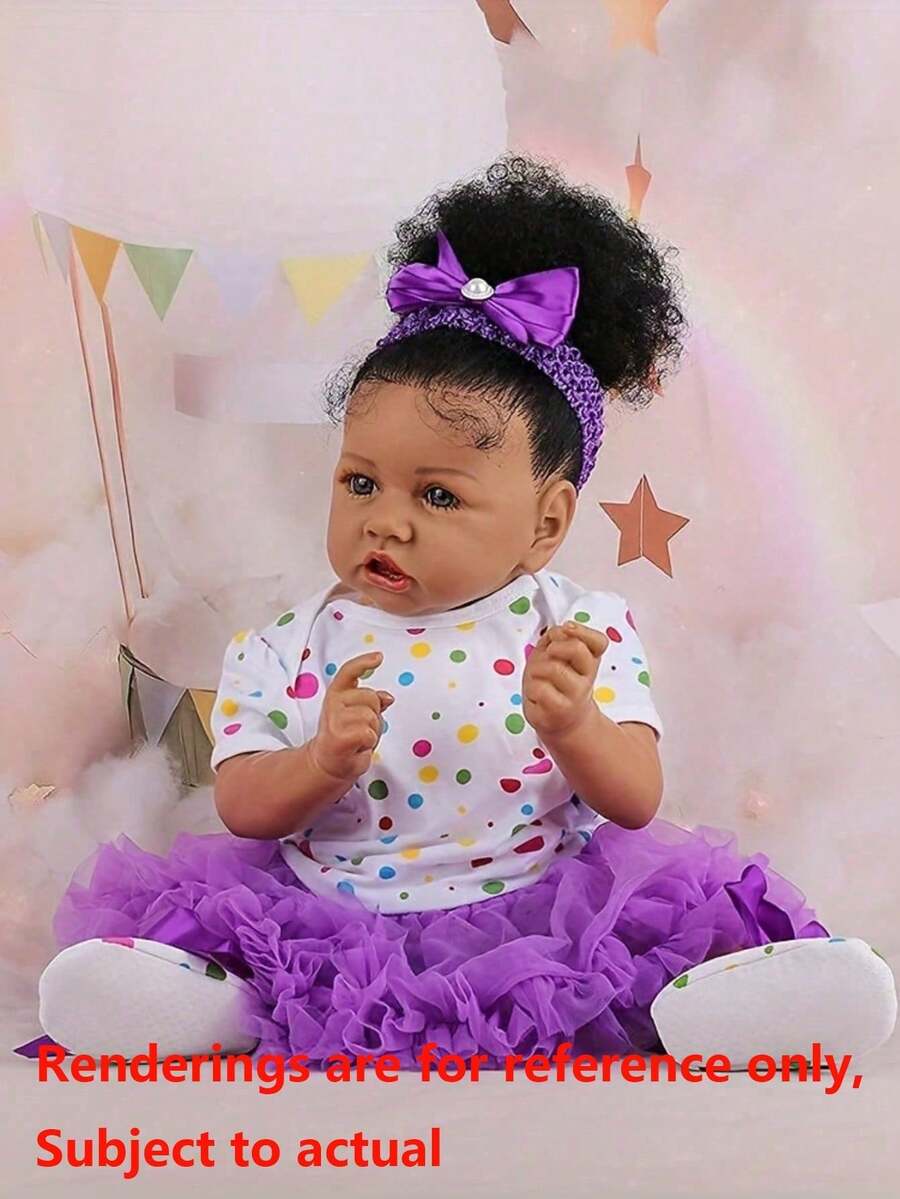 Búp bê em bé châu Phi tái sinh bằng nhựa vinyl mềm mại giống thật kích thước 22 inch 55 cm Công chúa sơ sinh đáng yêu Đồ chơi trang trí nhà cửa (Một số bộ phận ngẫu nhiên, bao gồm núm vú giả, bình sữa, tã, phụ kiện tóc và bộ quần áo) - Màu Lilac Tím - Xem 1